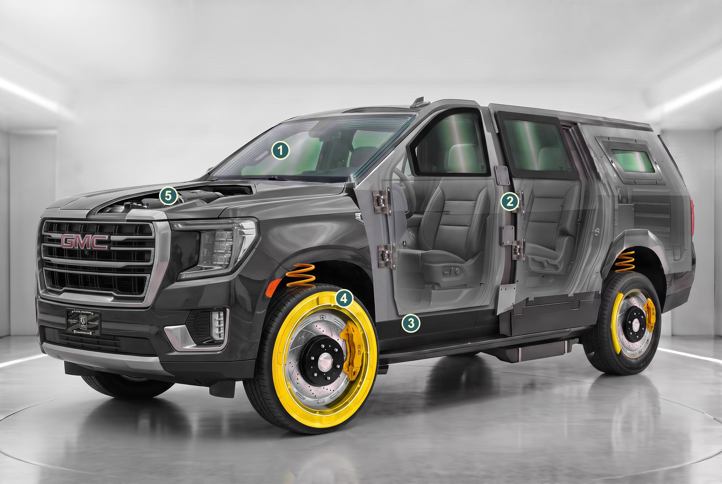 Cutaway of an armored GMC Yukon with numbered callouts: ballistic glass, reinforced door pillars, armored floor, run-flat tire inserts, and protected engine systems